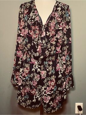 Xhilaration Women’s Navy Satin-Look Romper with Floral Trim